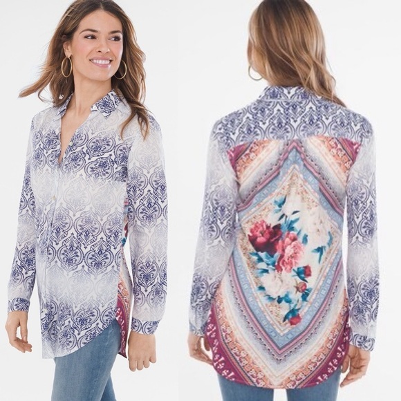 Chicos Faded Medallion Mixed-Print Shirt Sz 2/ 12-14 - Picture 14 of 14